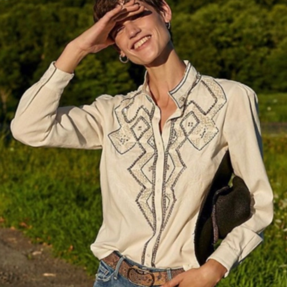 Pilcro by Anthropologie Nayeli Beaded Button-down Shirt Top Color: White